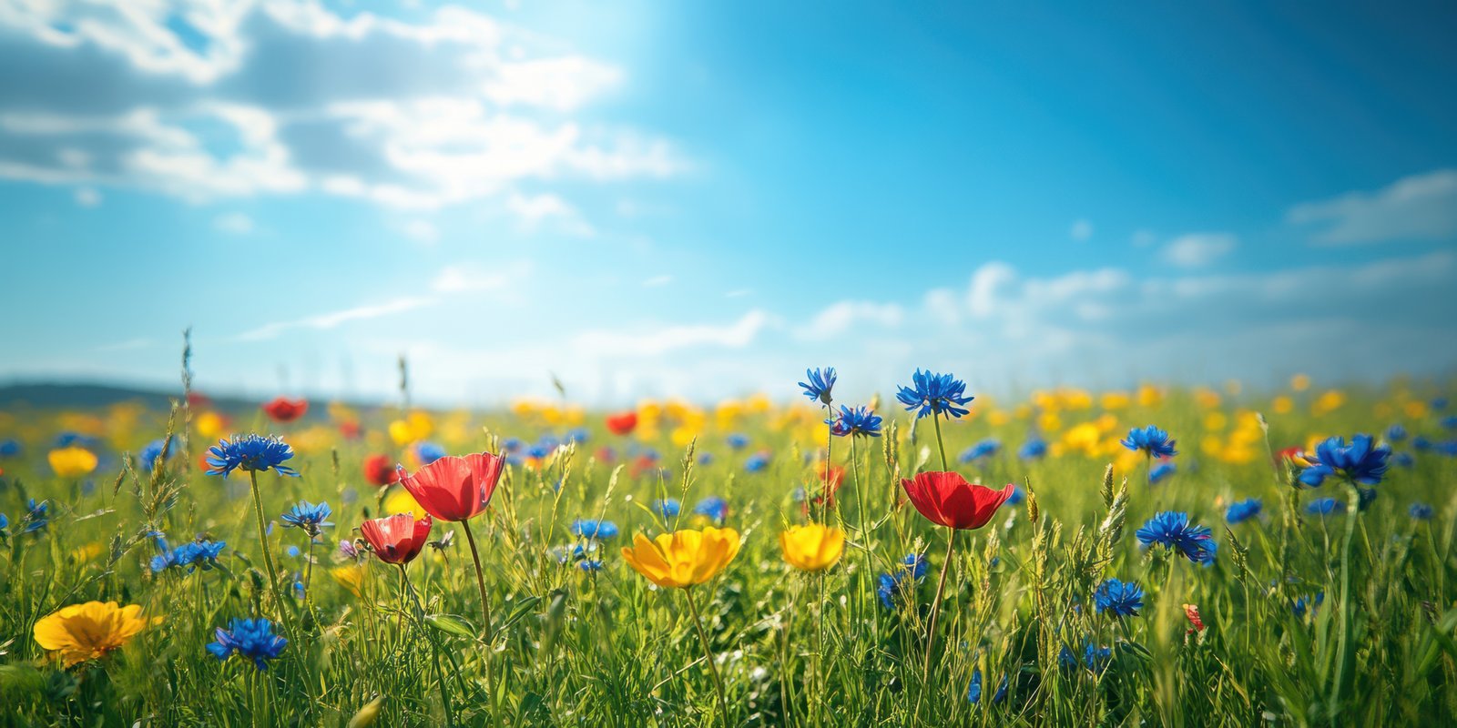 Vibrant wildflower field under a clear blue sky during a sunny day in the countryside